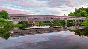Timber Prints: Reflection of Bath Covered Bridge on the Ammonoosic River, Bath, New Hampshire, USA