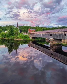 Timber Prints: Reflection of Bath Covered Bridge on the Ammonoosic River, Bath, New Hampshire, USA