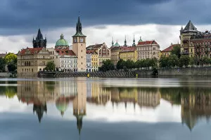Prague Collection: Reflection of Bedrich Smetana Museum and Old Town Waterworks at Smetanovo nabrezi, Prague