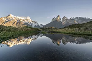 Chilean Collection: Reflection of Cerro Paine Grande, Cuernos del Paine and Cerro Paine peaks in the morning