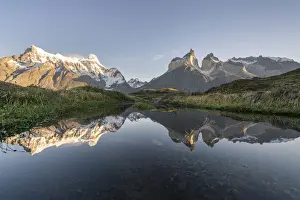 Patagonia Prints: Reflection of Cerro Paine Grande, Cuernos del Paine and Cerro Paine peaks in the morning