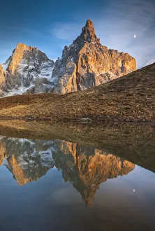 Reflection of the Cimon della Pala in the lake, Passo Rolle, Trento, Trentino Alto Adige