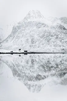 Rorbuer Prints: Reflection on a Lofoten Islands fjord near Nusfjord, Lofoten Islands, Nordland