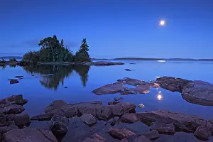 Moon Prints: Reflection of Moon over Lake Superior and Caron Island Rossport, Ontario, Canada