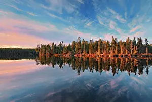 Reflection at sunset of boreal forest in Graphic Lake Graphic Lake near Kenora, Ontario, Canada