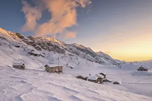 The refuge Cristina at sunset in a winter day at the Alpe Prabello, Prabello Alp in