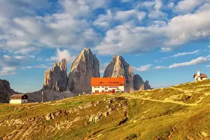 Lavaredo Prints: Refuge of Locatelli refuge with the Three Peaks of Lavaredo in the background in summer