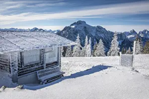 Bavarian Prints: Refuge and snow-covered winter forest on Tegelberg in the Ammer Mountains, Schwangau