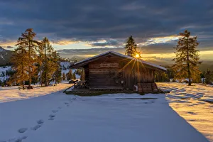 Refuge at Sunset in Fresh Snow, Trentino, South Tyrol, Dolomites, Italy