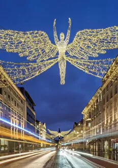 Regent Street with Christmas Illuminations at twilight, London, England, United Kingdom
