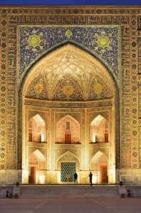 The Registan square and the main entrance of Tilya-Kori Madrasah. A Unesco World Heritage Site The Registan square and the main entrance of Tilya-Kori Madrasah. A Unesco World Heritage Site