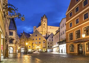 Reichenstrasse and Hohes Castle in Fuessen in the evening, Allgaeu, Bavaria, Germany
