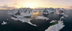 Typical House Prints: Reine Bay, Sakrisoy and Hamnoy village with Olstind peak covered with snow