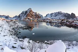Reine Prints: Reine fjord at dawn, with Olstinden, Lilandstinden and Festheltinden peaks in winter