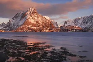 Rugged Peak Prints: Reine Fjord at sunrise in winter, Lofoten islands, Norway