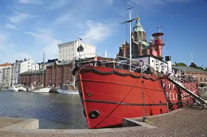 Dock Prints: Relanders Grund Restaurant Boat in front of Uspenski Cathedral, Helsinki, Finland