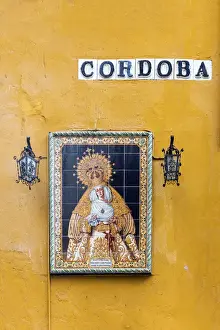 Virgin Mary Prints: Religious icon tile work of the Virgin Mary or Madonna in a street of Seville, Andalusia