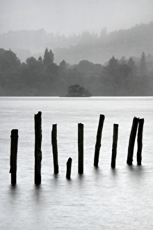 Cumbrian Prints: Remains of jetty in the mist, Derwentwater, Cumbria, England, UK
