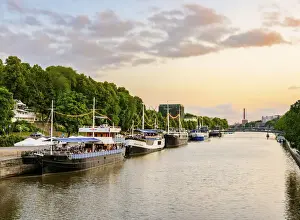 River Bank Prints: Restaurant Boats at the Aura River at sunset, Turku, Finland
