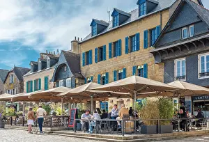 Finistere Prints: Restaurant with terrace in the old town of Le Faou, Finistere, Brittany, France