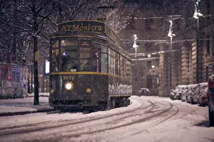 Public Transport Prints: The restaurant tram ATMosfera'traveling in Piazza Castello in Milano during a
