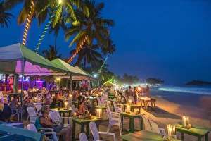 Sri Lanka Prints: Restaurants on beach at dusk, Mirrisa, South Coast, Sri Lanka