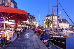 Cafe Gallery: Restaurants on the promenade at Honfleur harbor in the evening, Calvados, Normandy, France