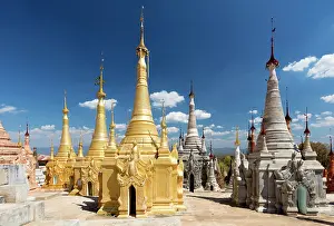 Shan State Prints: Restored pagodas at Indein village