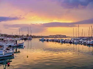 Motorboats Prints: Rethymnon Marina at dusk, City of Rethymno, Rethymno Region, Crete, Greece