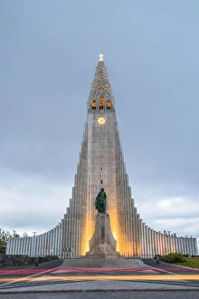 Reykjavik, Iceland. Hallgraimskirkja church at dusk