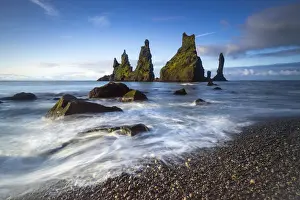 Reynisdrangar rock formation in sea near Vik i Mydral, South Iceland, Iceland
