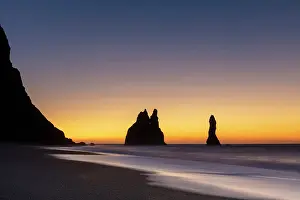 Vik Y Myrdal Prints: The Reynisdrangar rock stacks at dawn from Reynisfjara black sand beach