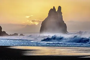 Wave Prints: The Reynisdrangar rock stacks being pounded by waves