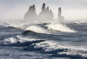 Vik Y Myrdal Prints: The Reynisdrangar rock stacks and stormy seas