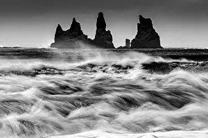 B And W Prints: The Reynisdrangar rock stacks and stormy seas