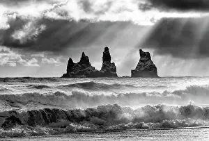 Vik Y Myrdal Prints: The Reynisdrangar rock stacks and stormy seas