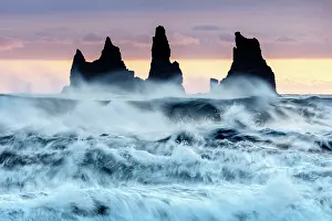 Icelandic Prints: The Reynisdrangar rock stacks and stormy seas at sunset
