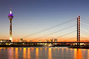 Rhineland Prints: Rhine River and Rheinknie Bridge at Sunset, Dusseldorf, North Rhine Westphalia, Germany