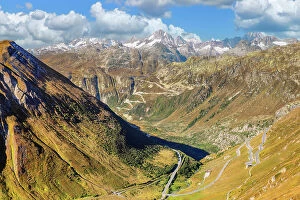 Images Dated 20th July 2022: Rhone Valley with Furka Pass road and Grimsel Pass, Uri Alps, Valais, Switzerland