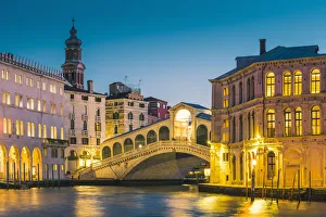 Rialto Prints: Rialto bridge and Grand Canal at dusk, Venice, Veneto, Italy