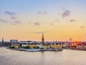 Riddarholmen Island and Gamla Stan at sunrise, elevated view, Stockholm, Stockholm County, Sweden