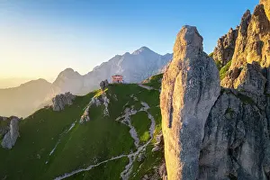 Elevated Prints: Rifugio Rosalba and Grigna (Grigna Settentrionale) with Torre Cinquantenario and Torre Cecilia in summer at sunset