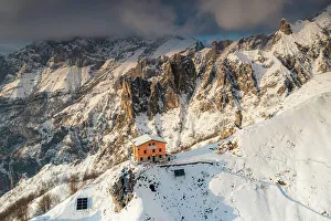 Cabins Prints: Rifugio Rosalba with Grignone in the background Grignetta