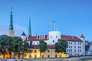 Riga Castle and Skyline at Dusk, Old Town, Riga, Latvia