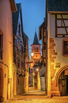 Grand Est Prints: Riquewihr at dusk, Alsace, Alsace Wine Road, Haut-Rhin, Grand Est, France