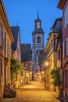 Grand Est Prints: Riquewihr at dusk, Alsace, Alsace Wine Road, Haut-Rhin, Grand Est, France
