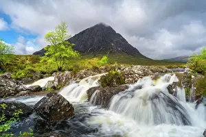 Gaidhealtachd Prints: River Coupall flowing through rocks against Buchaille Etive Mor mountain in Glen Coe