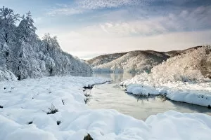 River and forests of Plitvice Lakes National Park in winter, Plitvicka Jezera