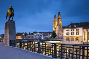River Limmat Prints: River Limmat and Grossmunster church, Zurich, Switzerland