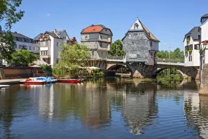 River Nahe with Bridge house at Bad Kreuznach, Nahe valley, Rhineland-Palatinate, Germany
